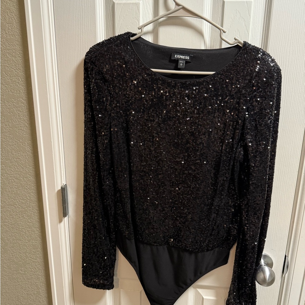 Express Black Sequin Asymmetrical Bodysuit
